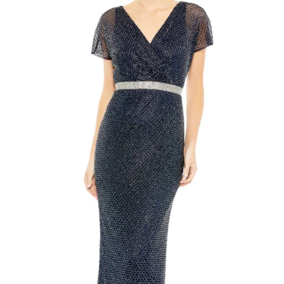 MAC DUGGAL 93678 BEADED BUTTERFLY SLEEVE COLUMN MIDNIGHT NAVY GOWN sz 22 - Picture 1 of 6
